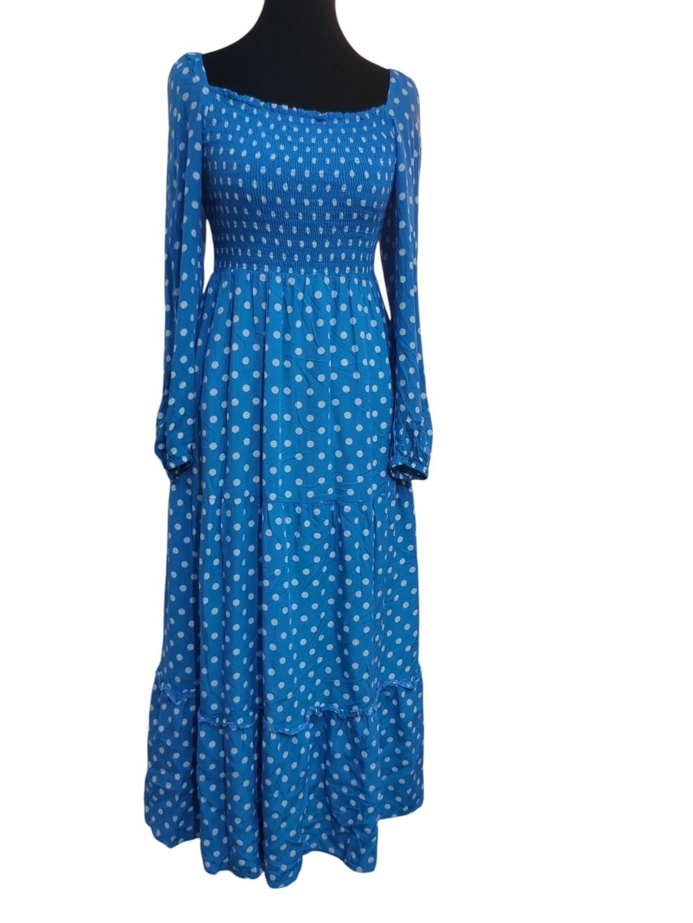 Anthropologie Dolan Medium Laney Polka Dot Maxi Dress Blue White Smocked Cottage